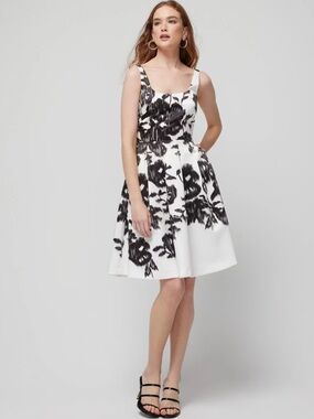 White House Black Market Black and White Floral Fit-and-Flare Midi Dress